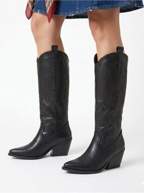 IF Fashion Women's Black Western Knee-High Heeled Boots